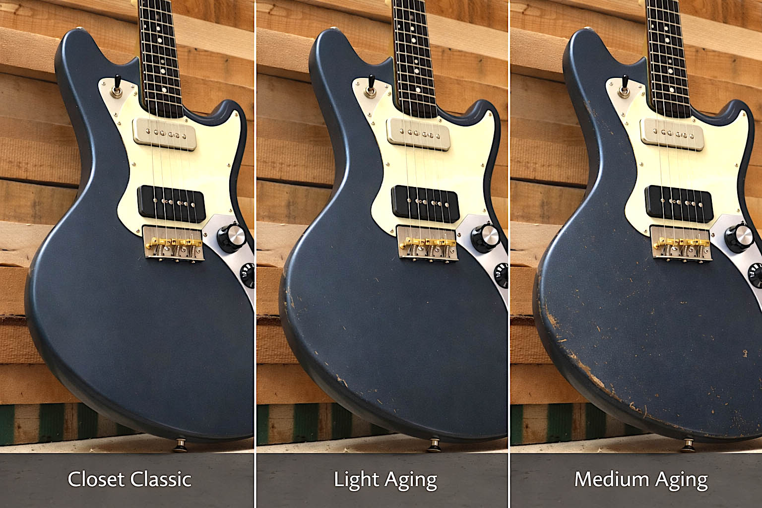 Aging levels shown side by side: Closet Classic, Light Aging, Medium Aging.