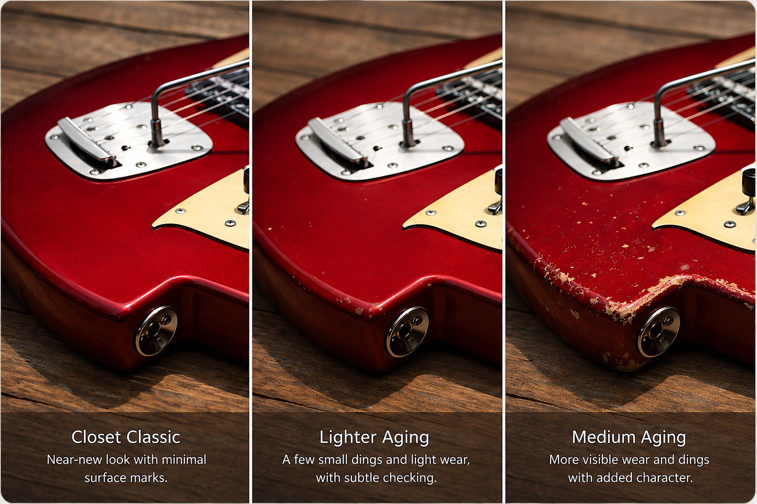 Lewis Guitar aging levels shown side by side: Closet Classic, Light Aging, and Medium Aging
