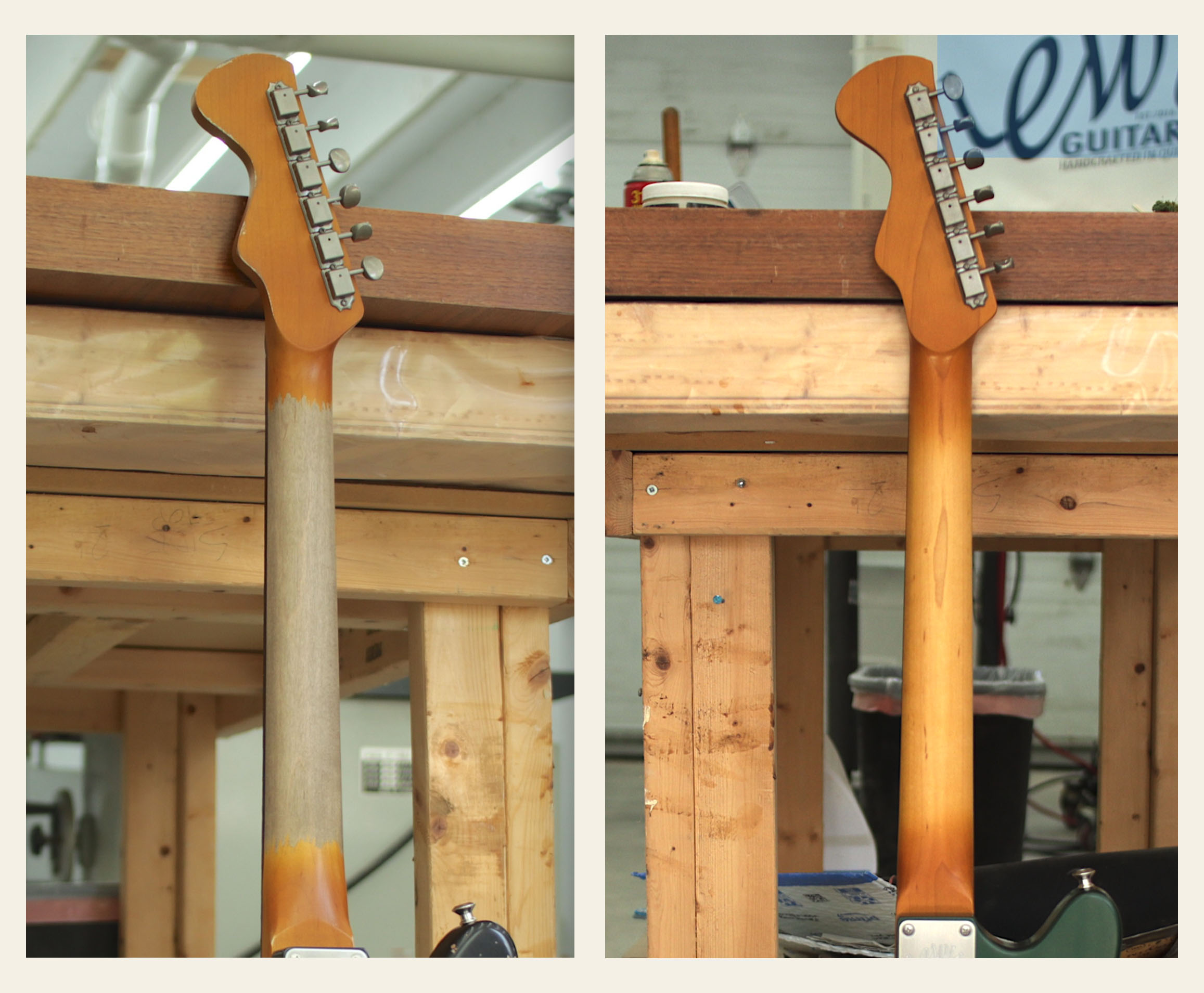 Lewis Guitars neck feel comparison showing a broken-in neck on the left and a standard finished neck on the right